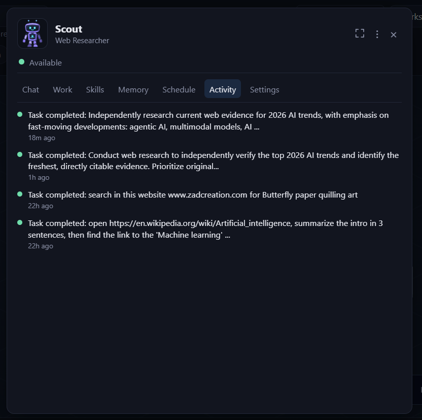 The Activity tab showing a combined timeline of messages and tasks