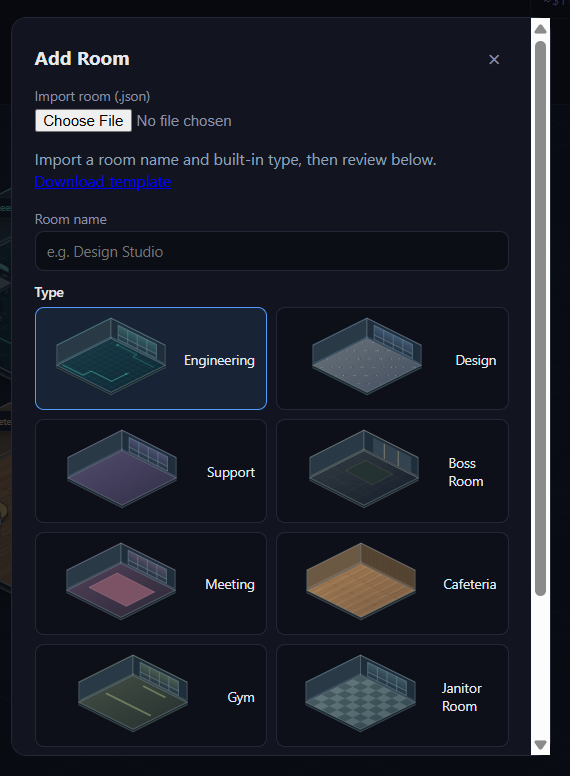 The Add Room modal with the room type catalog