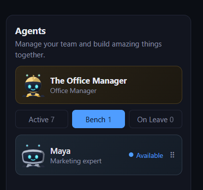 The Bench view listing agents that are imported or set aside, with an Activate control