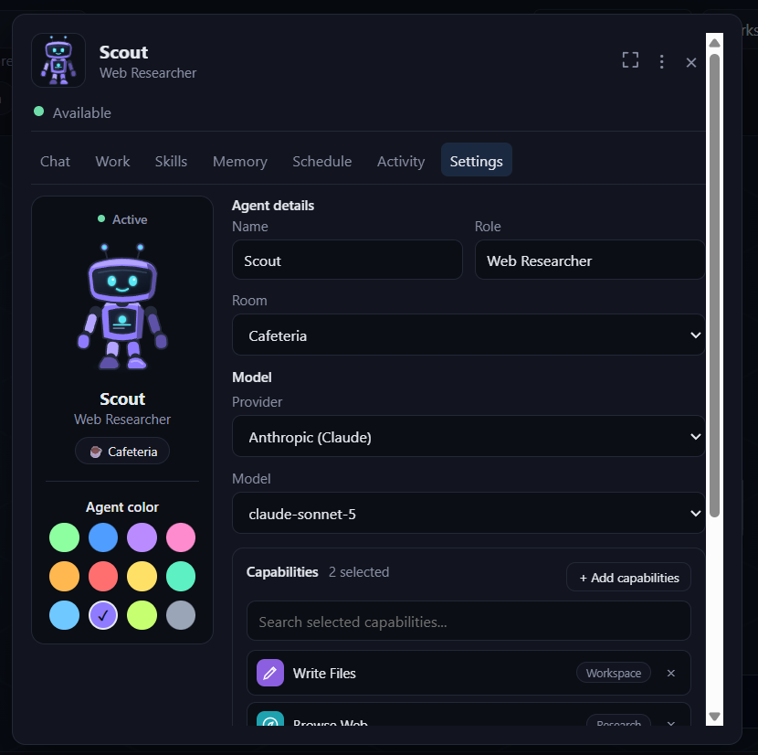 An agent's Settings tab with editable fields and the capabilities picker