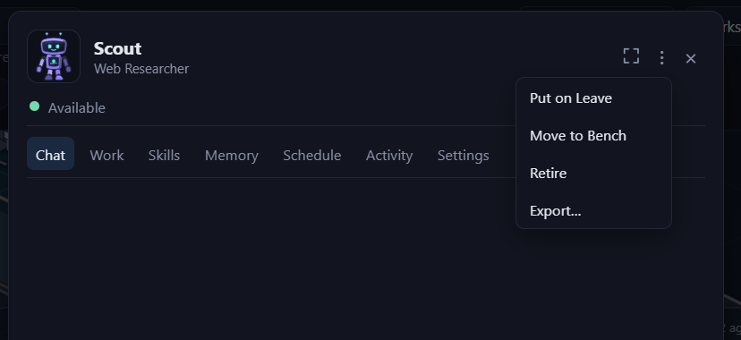An agent's ··· menu open, showing the Export option