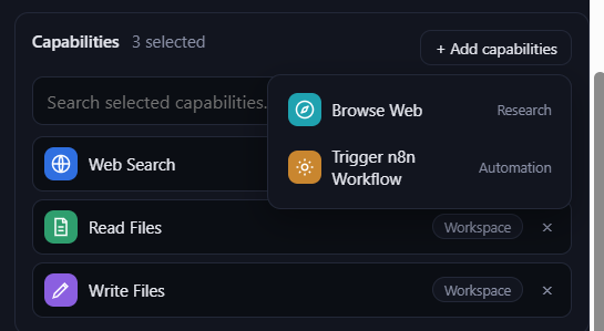 The capabilities picker open in the Hire/Settings form, showing Web Search, Browse Web, Read Files, Write Files, and Trigger n8n Workflow