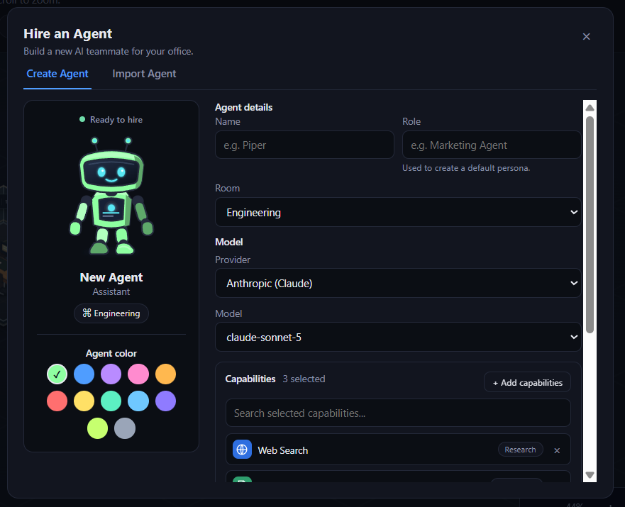 The Hire an Agent modal, Create Agent tab — name, role, room, provider/model, and capabilities