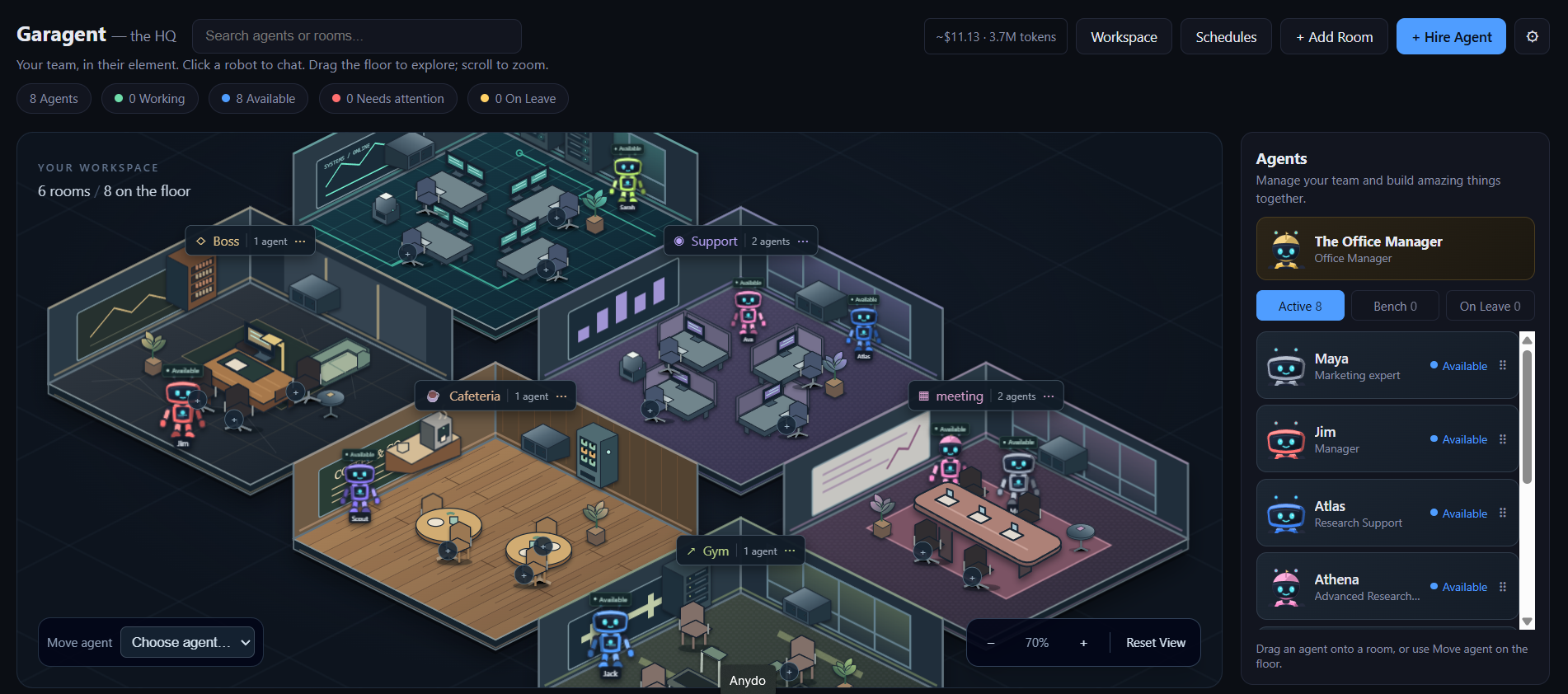 The Garagent office view — rooms full of agents, the sidebar roster, and the top-bar controls