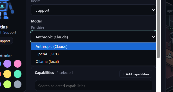 The provider/model picker in the Hire or Settings form