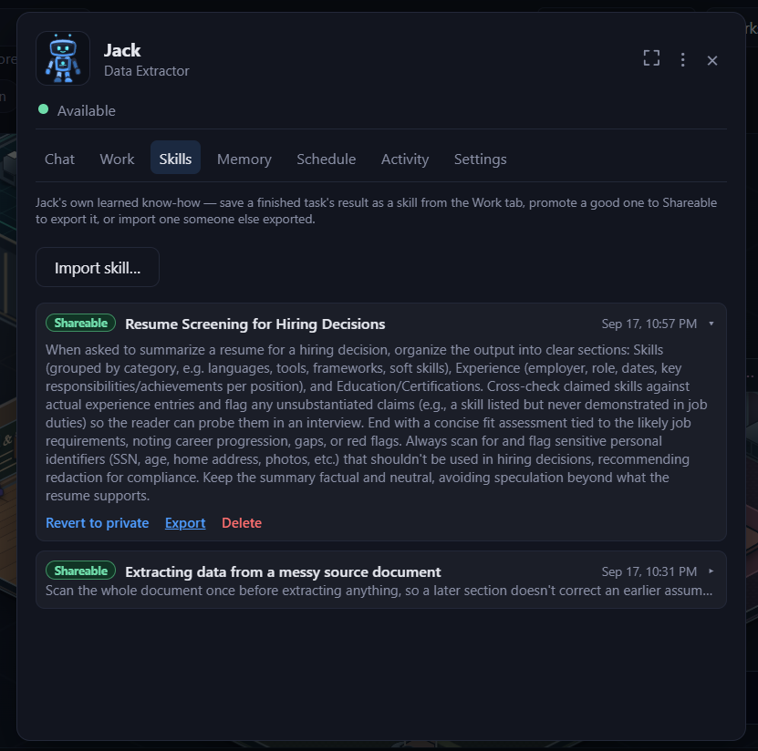 The Skills tab showing a list of an agent's saved skills, with a shareable toggle