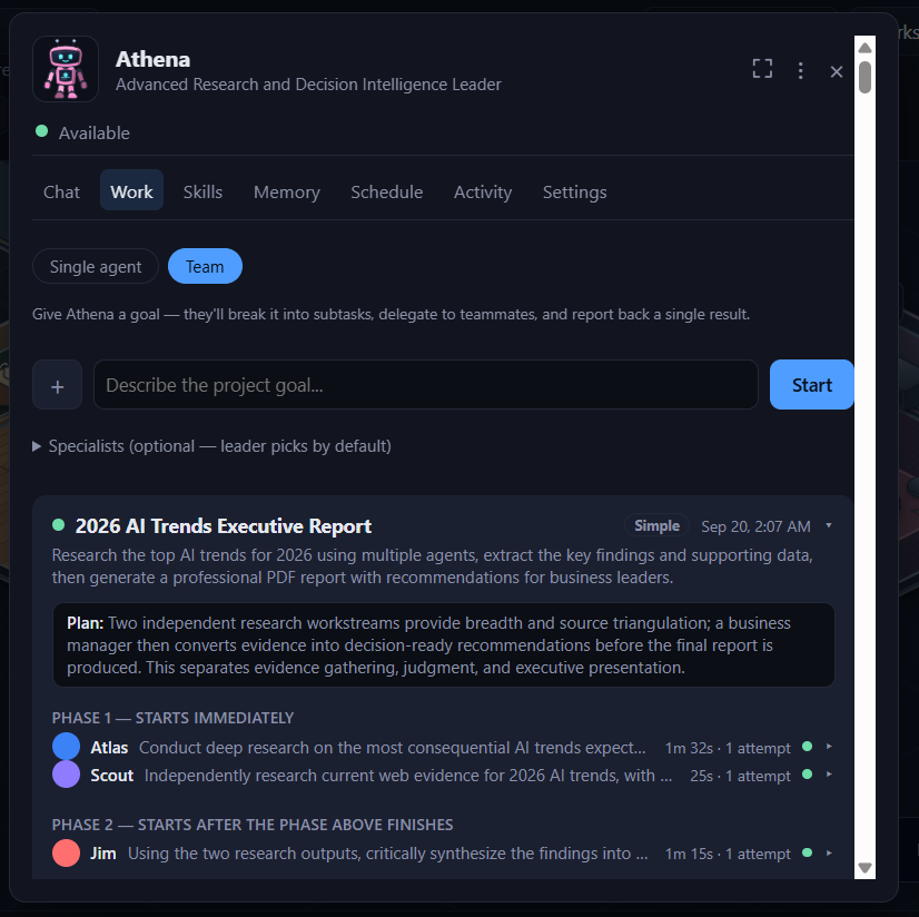 The Work tab showing a boss agent's project with subtasks assigned to teammates and a final synthesized result