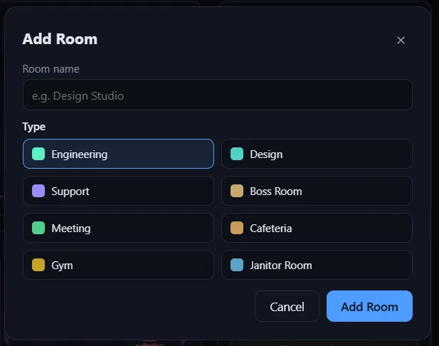 The Add Room dialog with a choice of room types.