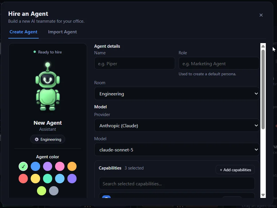 The Hire an Agent dialog with name, role, room, model provider, model and capabilities.