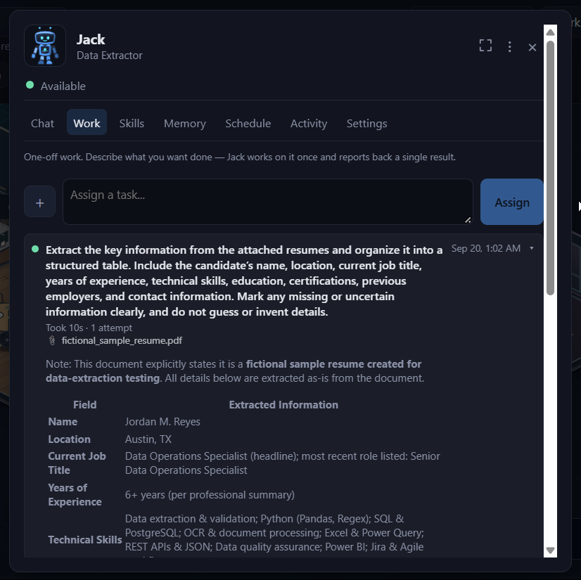 An agent’s Work tab showing task progress and results.